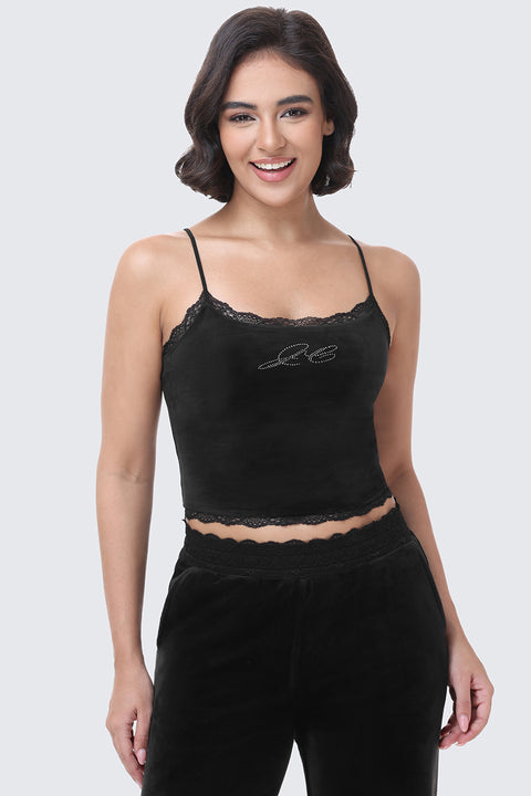 A black Small Bling Cropped Cami featuring a Y2K-inspired silhouette with spaghetti straps, lace trim, and a small rhinestone script detail on the chest.