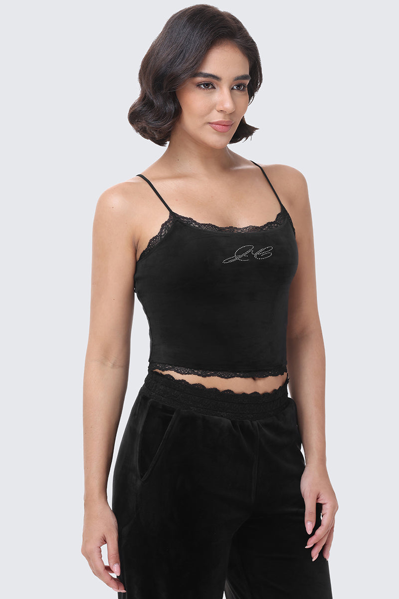 Small Bling Cropped Cami in black featuring a Y2K-inspired cropped fit, thin spaghetti straps, lace trim at the neckline and hem, and a rhinestone script logo on the chest.