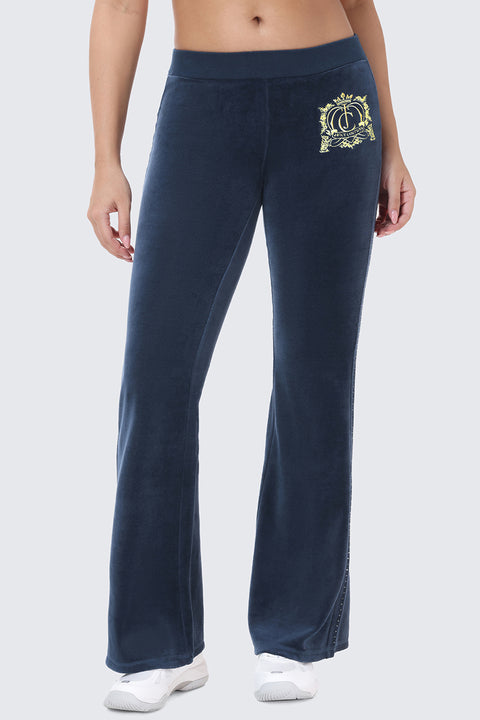 Scottie Crown Cotton Velour Track Pants in navy blue cotton velour, featuring a sporty silhouette and a gold crest logo on the left hip.