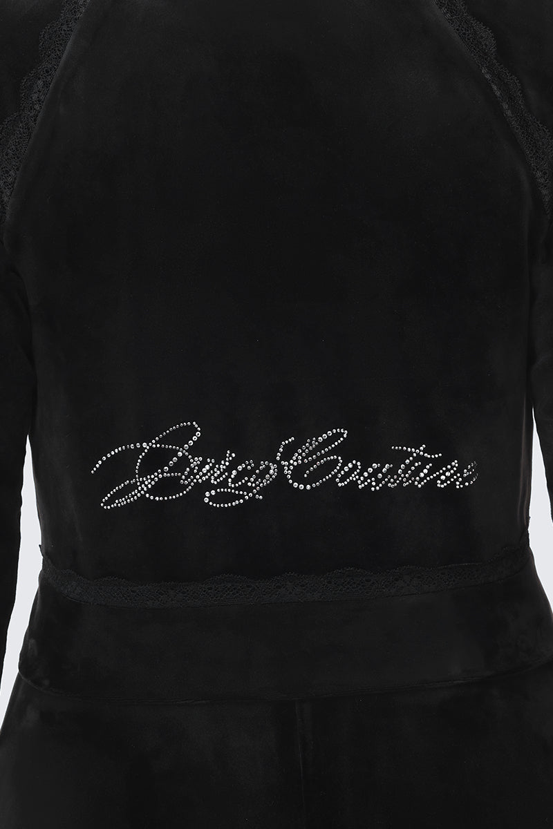 Small Bling Velour Jacket in black, featuring a rhinestone logo across the back.