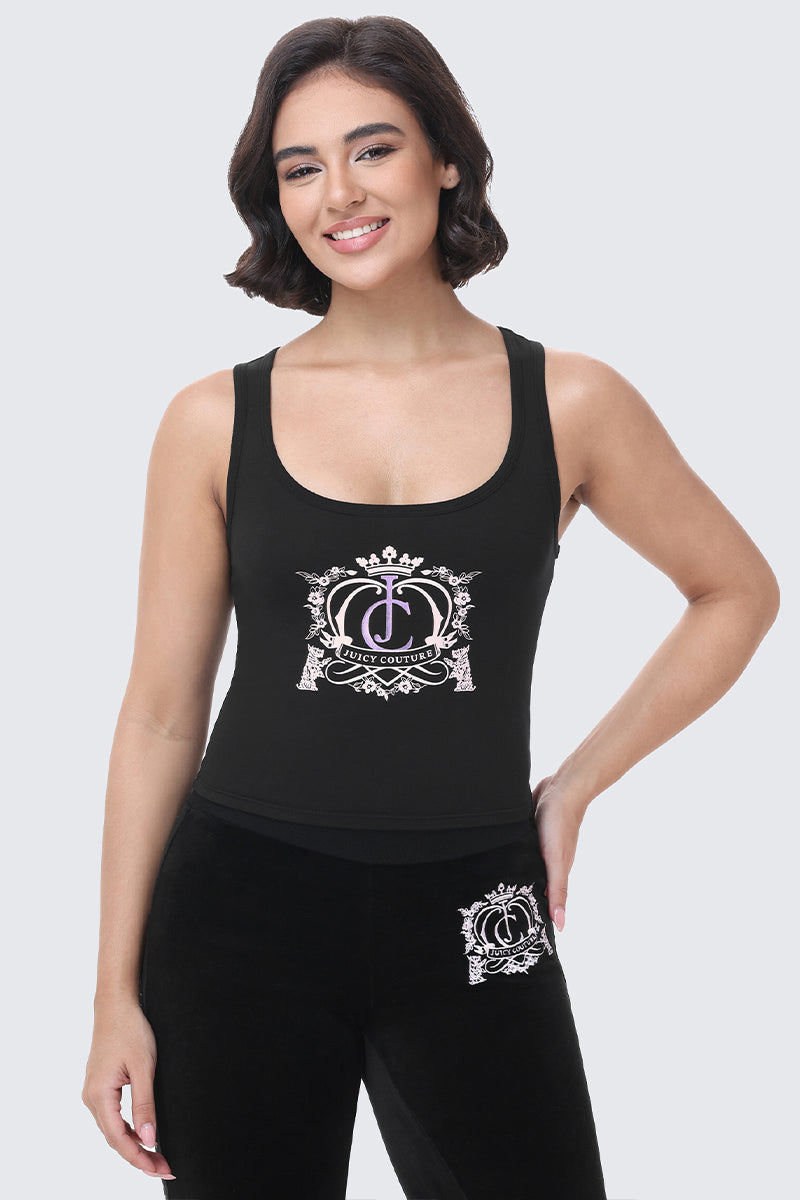 A smiling person wears a black, fitted Scottie Crown Tank Top featuring a large, ornate crown logo graphic.