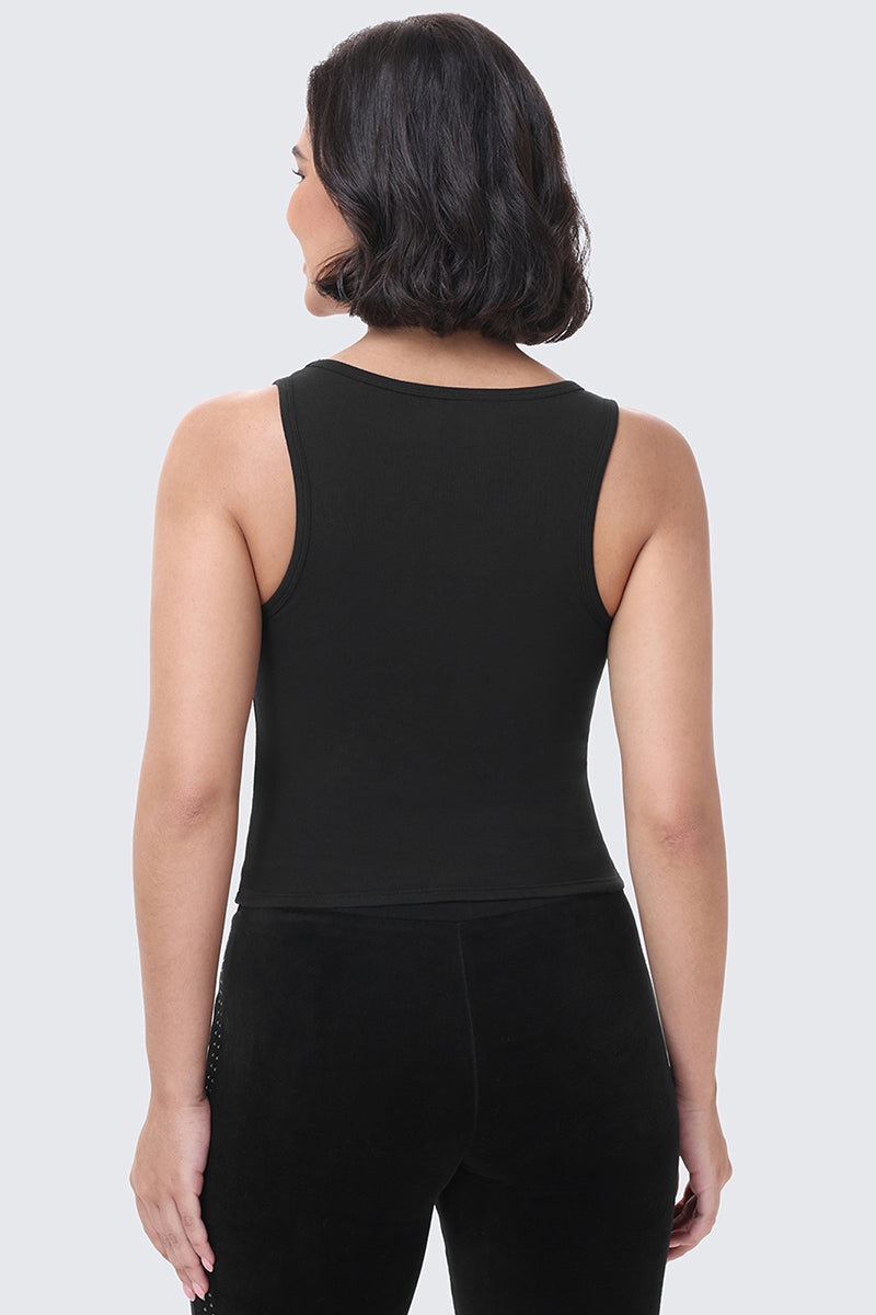 A person seen from the back wearing a fitted black Scottie Crown Tank Top.