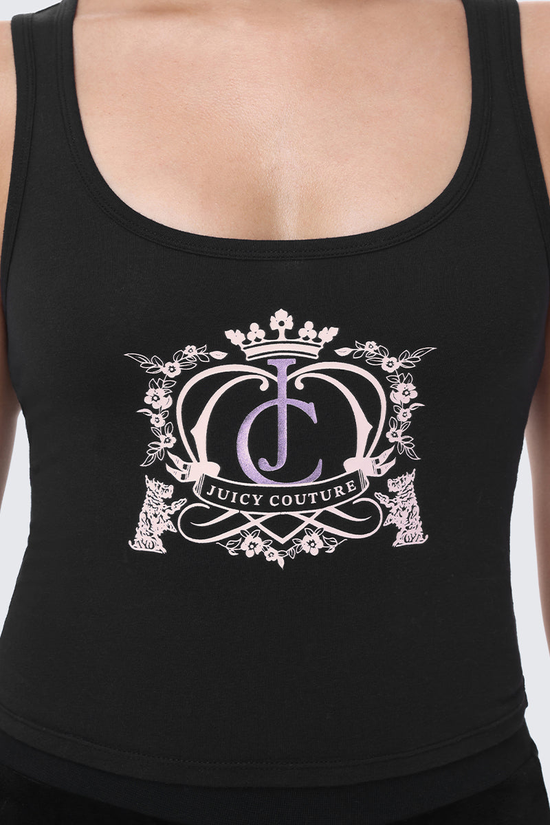 Scottie Crown Tank Top in a fitted black scoop-neck style, featuring a purple and white Juicy crest graphic with a crown, floral details, and the text JUICY COUTURE.