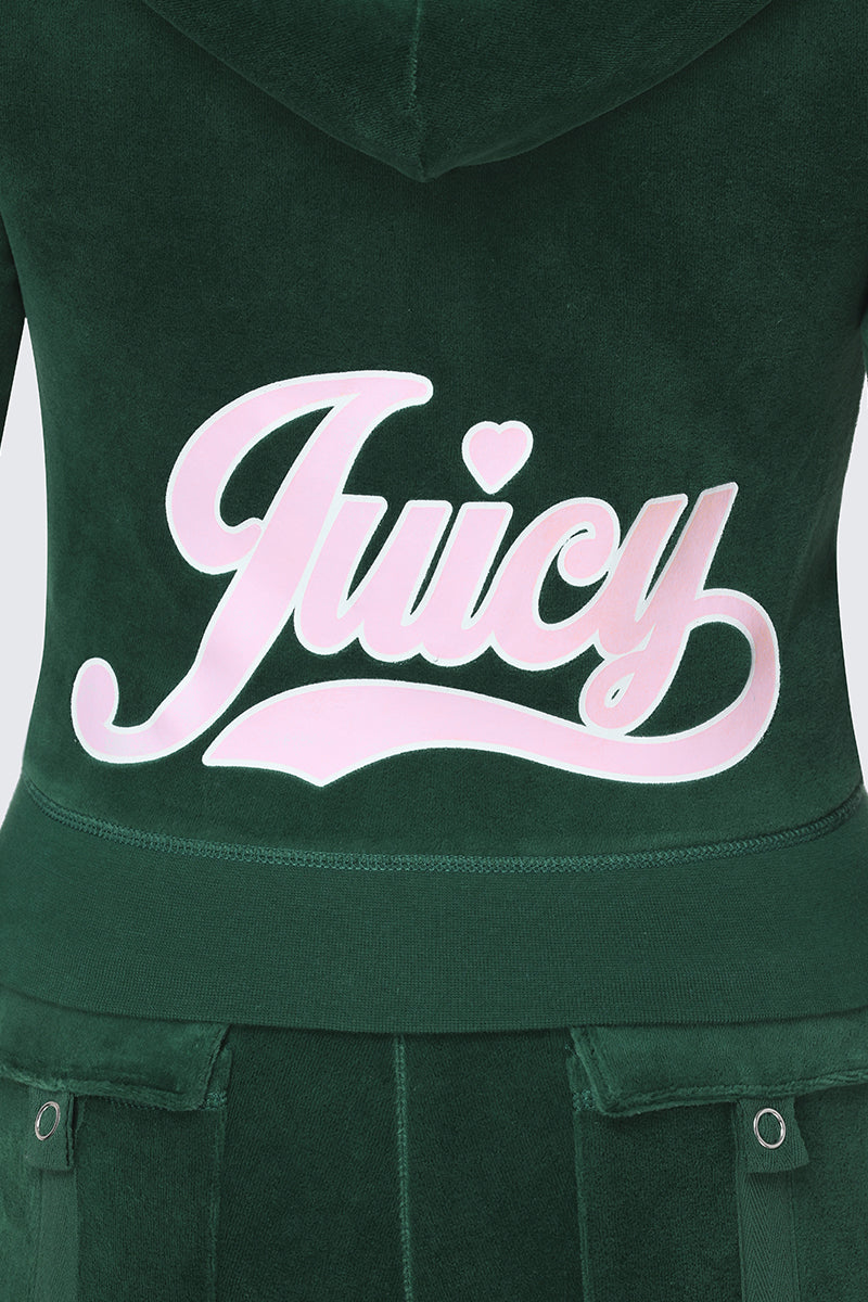 Cotton Velour Hoodie in green with a zip front, featuring Juicy’s large pink and white signature script logo across the back for a sporty tracksuit style.
