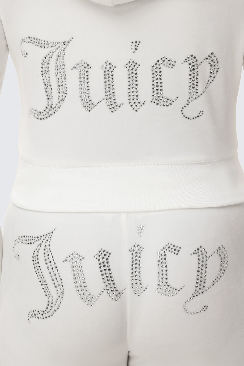 OG Big Bling Velour Hoodie in white, featuring the word Juicy in a rhinestone logo across the back of the top and the seat of the matching pants.