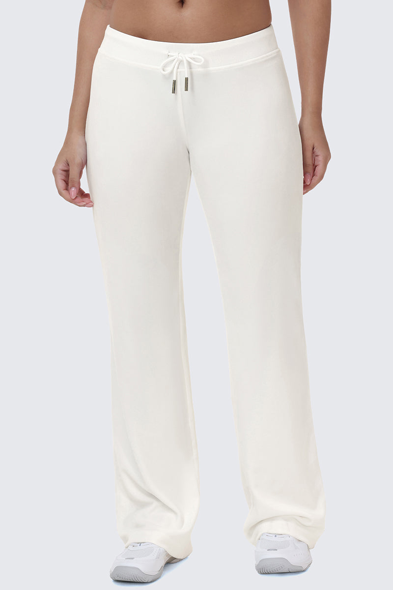 OG Big Bling Velour Track Pants in off-white featuring an elastic drawstring waistband and rhinestone embellishment.