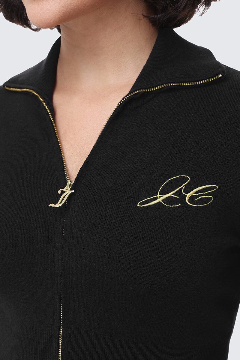 Black Embroidered Knit Cropped Jacket with gold-toned hardware, a script-style embroidered logo on the chest, and a metal letter J zipper pull.