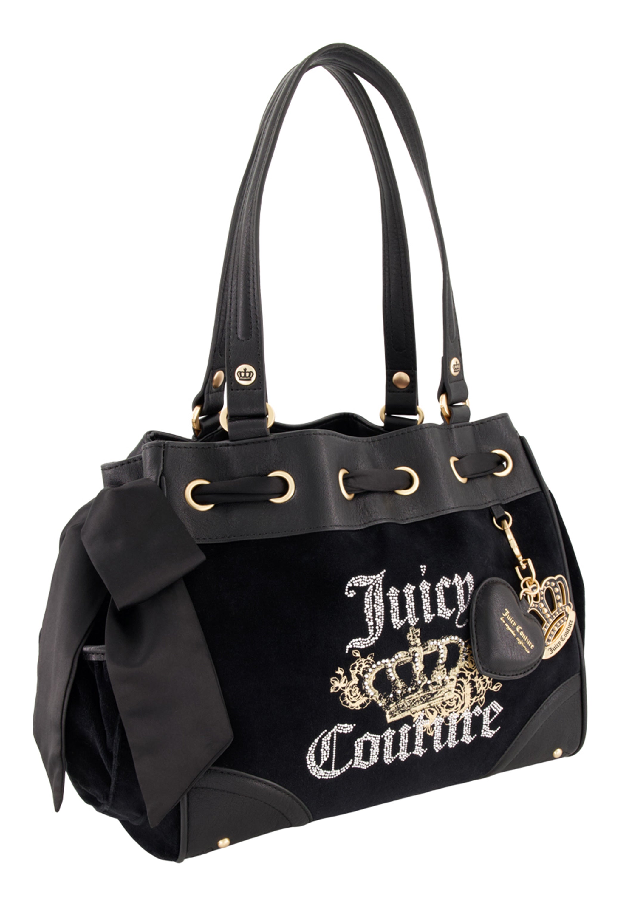 The black Royal Bloom Daydreamer Tote Bag by Juicy Couture features gold accents, a large side bow, an embroidered crown logo, and a gold keychain with heart and crown charms—ideal for adding signature Juicy style to any outfit.
