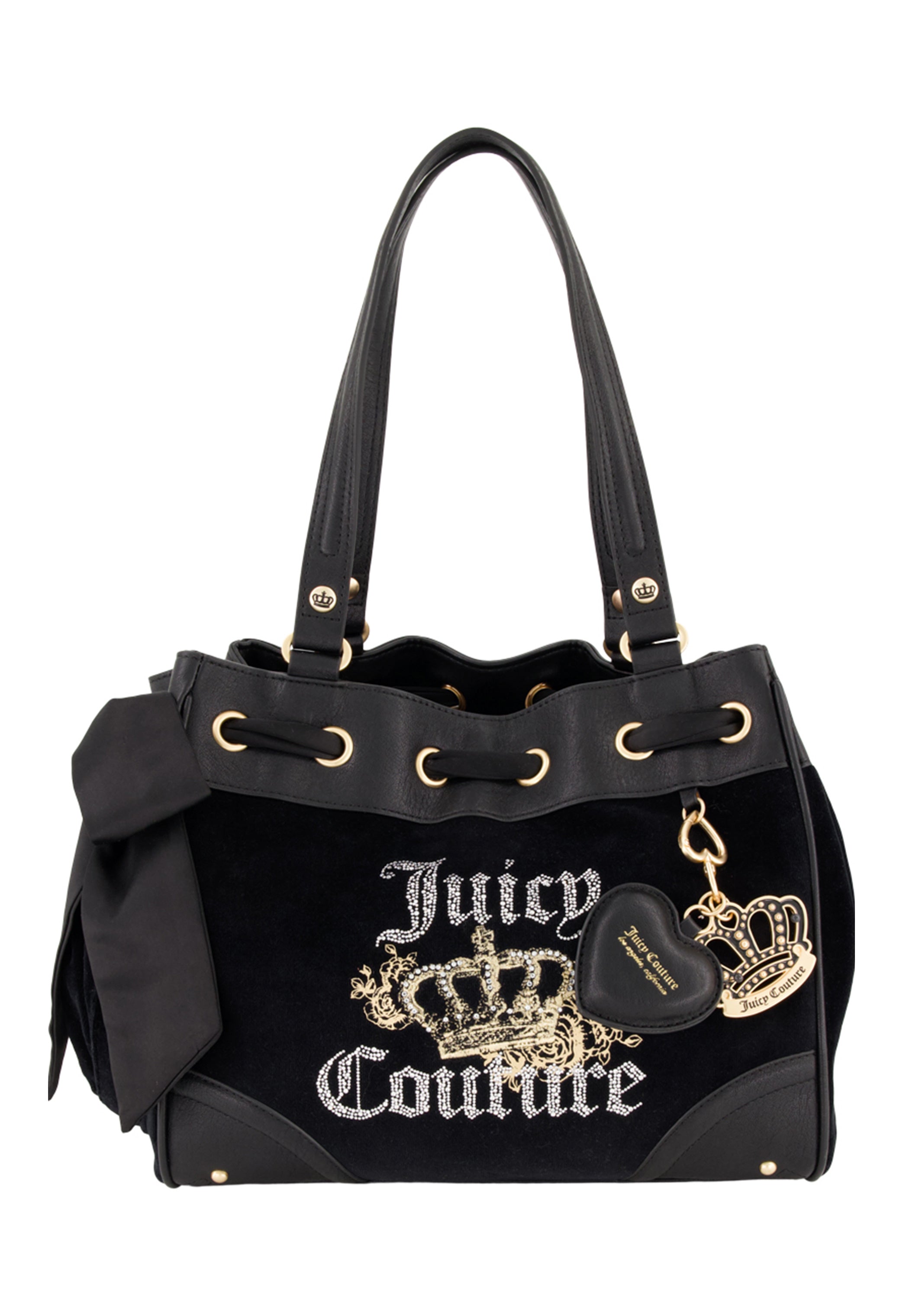 The Royal Bloom Daydreamer Tote Bag by Juicy Couture features a black design with gold accents, crown emblem, sparkling logo text, double handles, a side bow, and a gold crown charm with a heart-shaped leather tag.