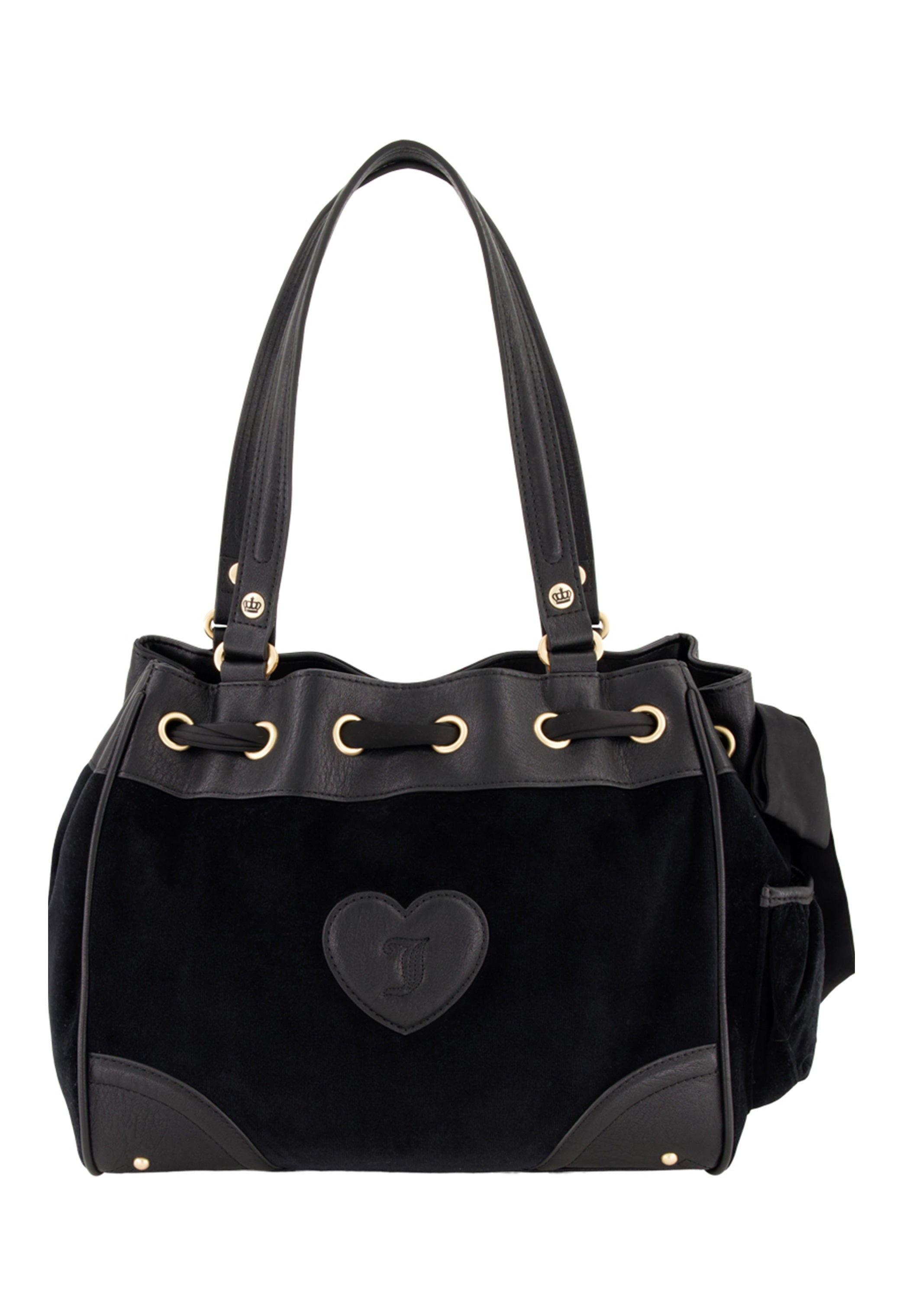 The Royal Bloom Daydreamer Tote Bag features leather straps, gold-tone eyelets, and a heart-shaped J patch on the front—blending chic Juicy glamour with structured suede and leather accents.
