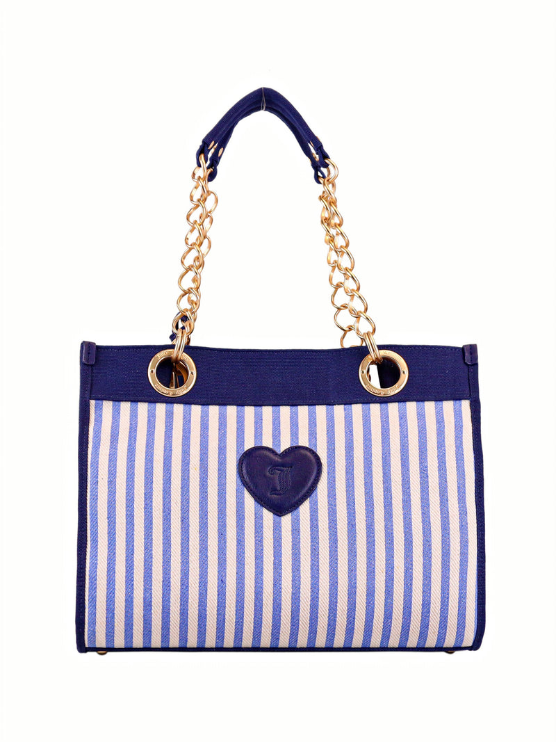 The Scottie Dog Item Tote Bag features blue and white vertical stripes, gold chain handles, and a blue heart-shaped patch with the Juicy Couture symbol on the front.