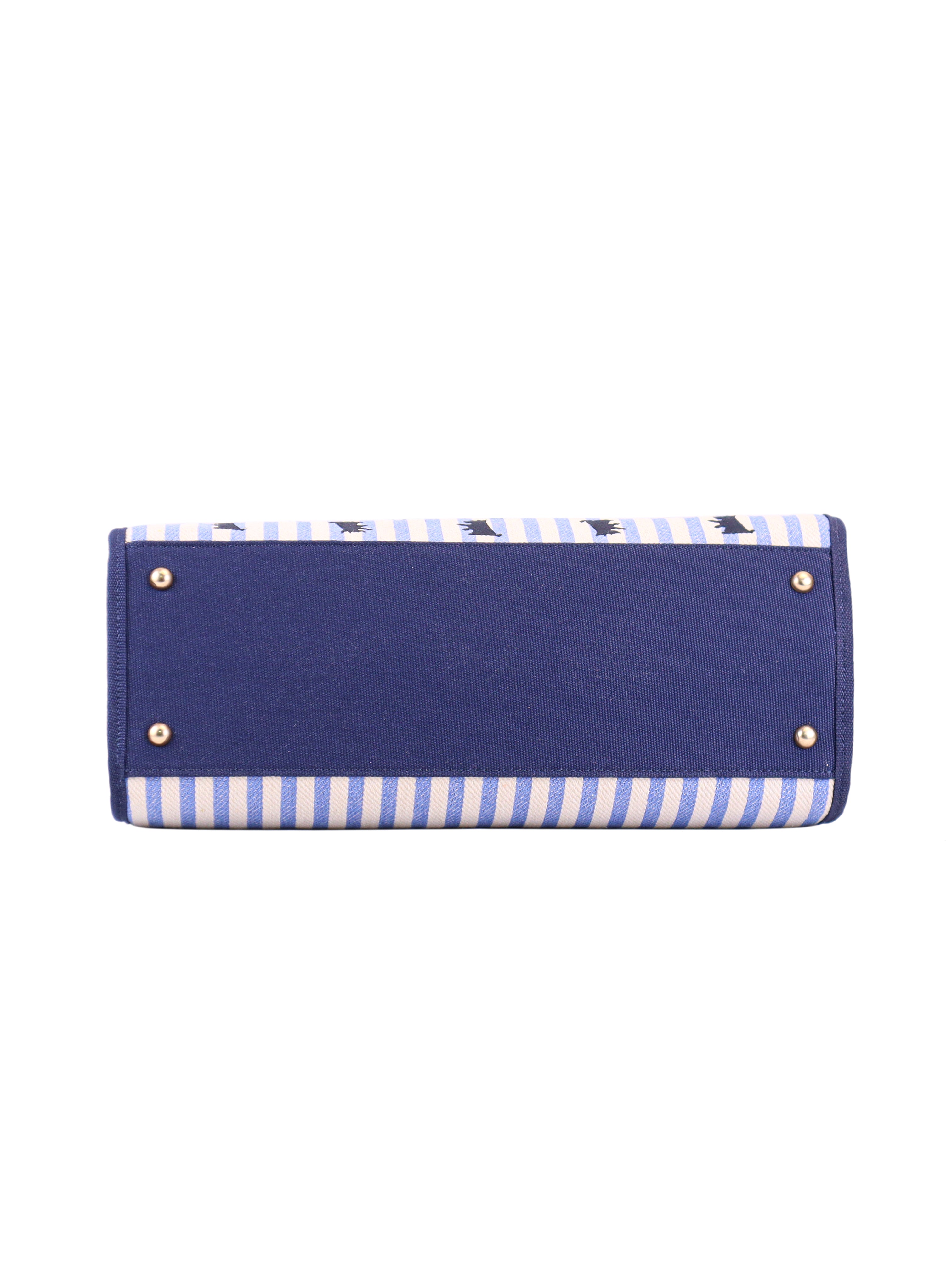 A blue rectangular Scottie Dog Item Tote Bag with a solid blue base, gold-tone studs on each corner, and blue-and-white vertical stripes on the sides. The image displays the bottom of the bag.
