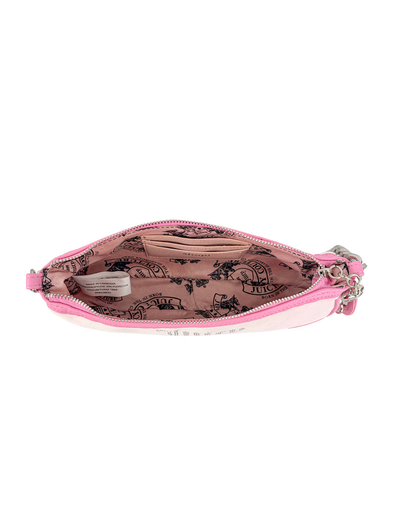 A small pink zippered purse with an open top reveals a light pink interior lined with black Juicy Couture logos and crowns, reflecting the timeless glamour of the Royal Bloom Shoulder Bag.