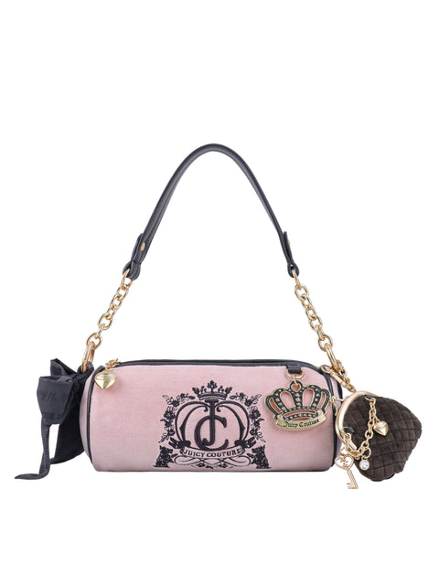 Pink cylindrical Crowns & Kisses Shoulder Bag featuring a black logo, gold chain strap, and crown, heart, and pom-pom charms, offering a touch of feminine nostalgia.
