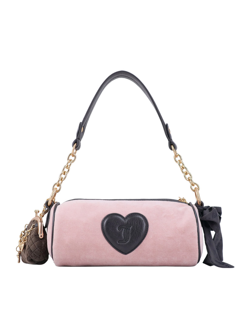 Crowns & Kisses Shoulder Bag: a cylindrical light pink bag with a black heart appliqué, gold chain strap, and a small quilted coin purse, blending feminine nostalgia with signature Juicy details.
