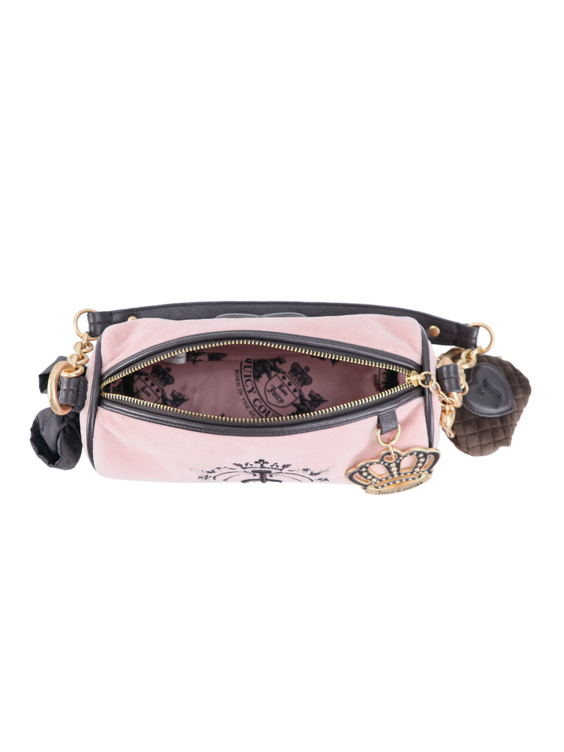 Top view of a pink barrel-style Crowns & Kisses Shoulder Bag featuring a black handle, an open zipper top, and a dangling crown motif.