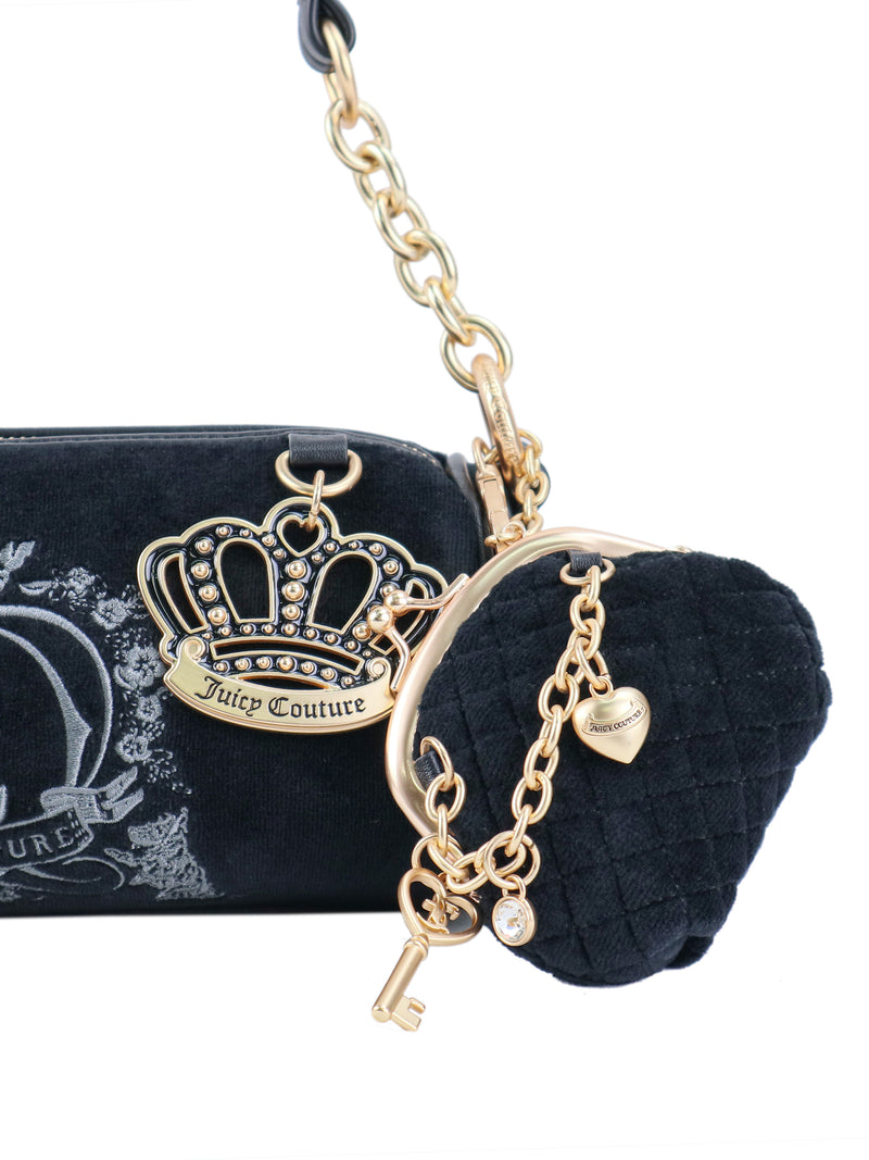 Crowns & Kisses Shoulder Bag in black, featuring feminine nostalgia with a gold-tone crown charm and a smaller quilted heart-shaped pouch attached by a gold chain.