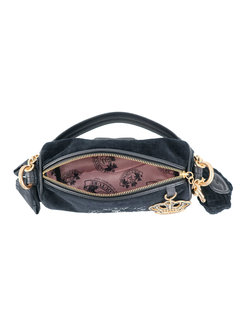 Black Crowns & Kisses shoulder bag with an open zippered top, featuring a gold crown motif and a light pink interior lining printed with signature Juicy details.
