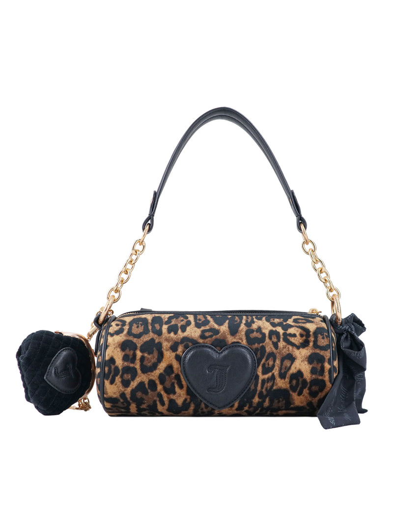 Crowns & Kisses Shoulder Bag: a cylindrical leopard-print bag featuring a black heart-shaped emblem, a gold chain strap, and an attached coin purse for a touch of feminine nostalgia.
