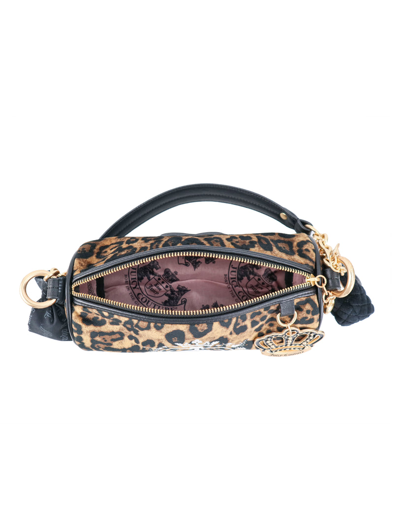 Crowns & Kisses Shoulder Bag in leopard print with a cylindrical shape, black handle, open top, and a gold crown charm with Juicy details.