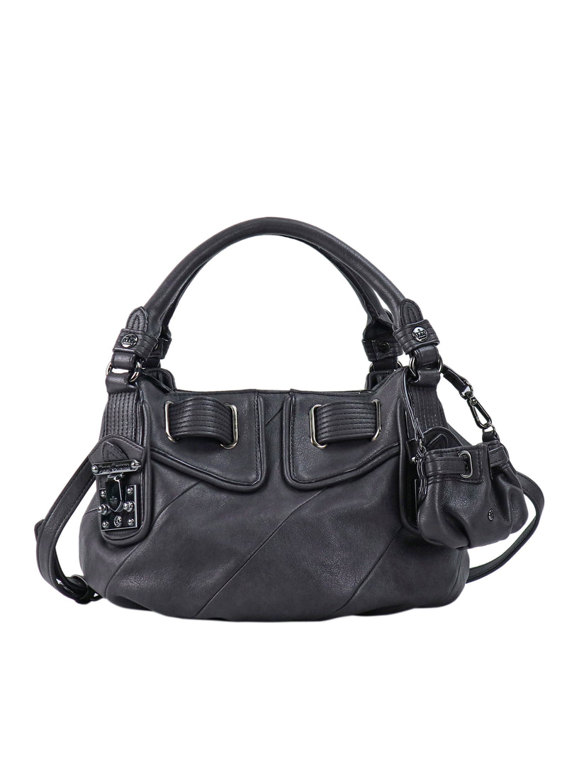 Twist & Shout Crossbody Bag, a structured black handbag featuring a detachable circular pouch and silver hardware for everyday styling.