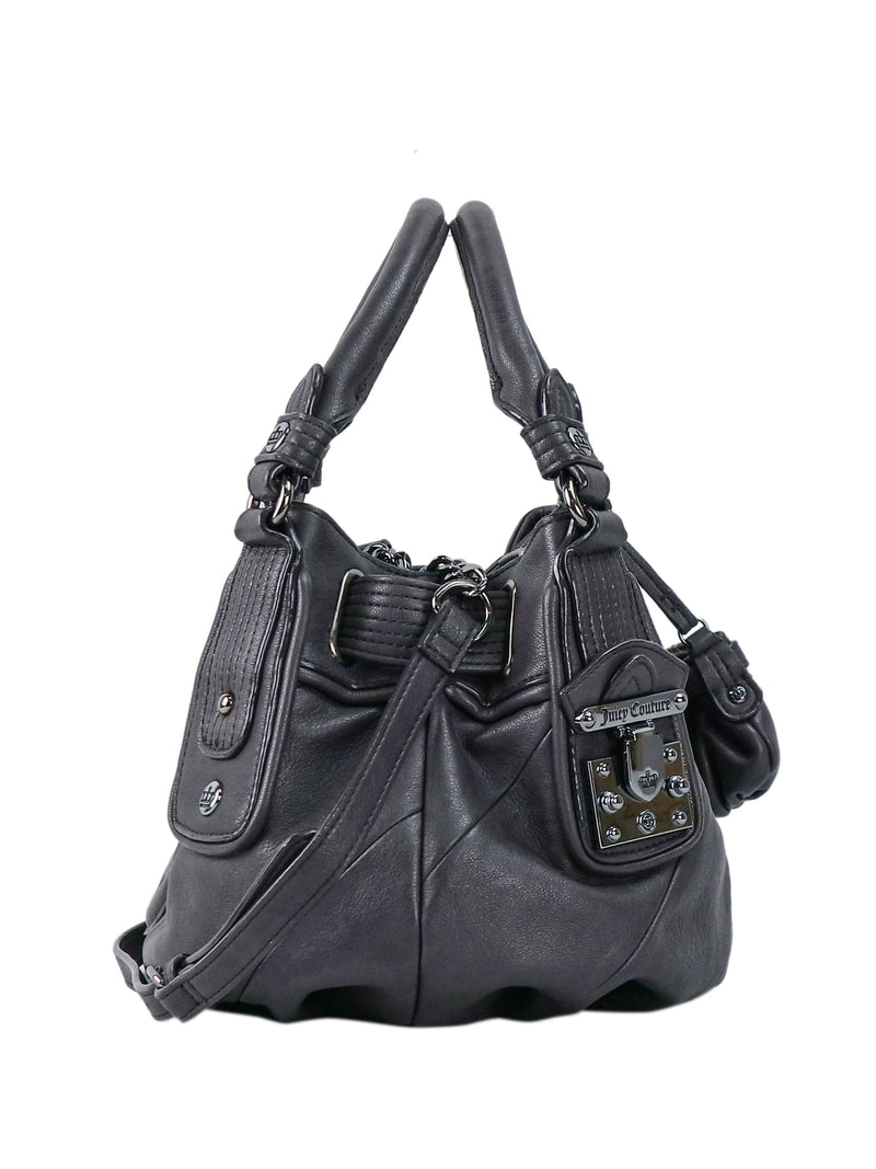 Grey slouchy Twist & Shout Crossbody Bag with double handles, a metallic lock closure on the front, and side pockets for everyday styling.
