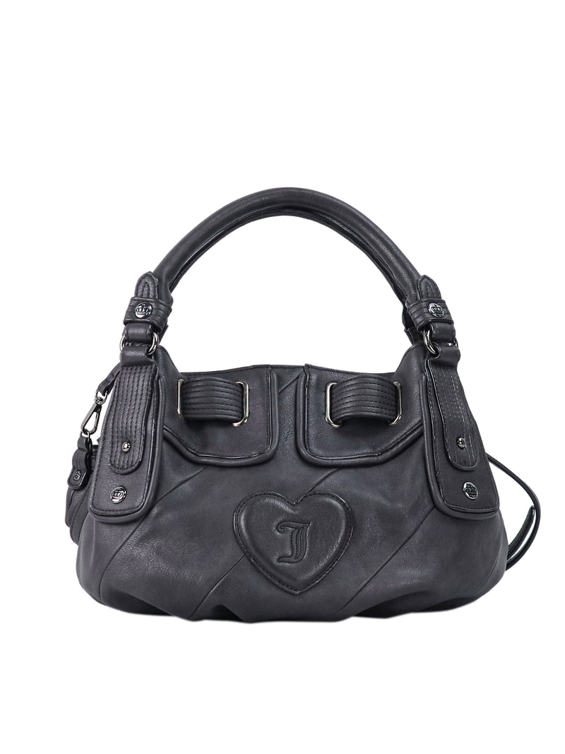 Twist & Shout Crossbody Bag in black leather featuring a heart-shaped embossed detail, double top handles, and silver-tone hardware.