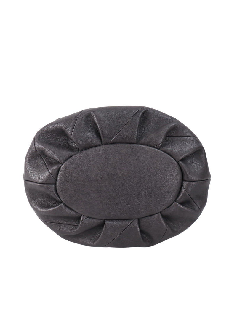Oval-shaped dark grey Juicy Twist & Shout Crossbody Bag with a pleated border.