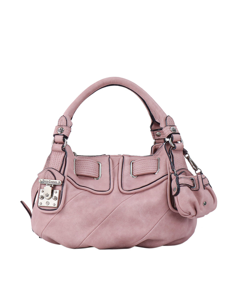 Light pink Twist & Shout Crossbody Bag with silver hardware, decorative buckles, and a small hanging coin purse for everyday styling.