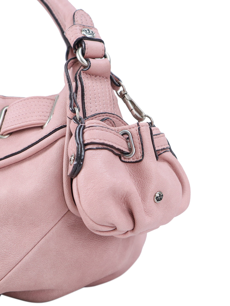 Pink Twist & Shout Crossbody bag with a small, detachable pouch hanging from a silver clasp, perfect for everyday styling.