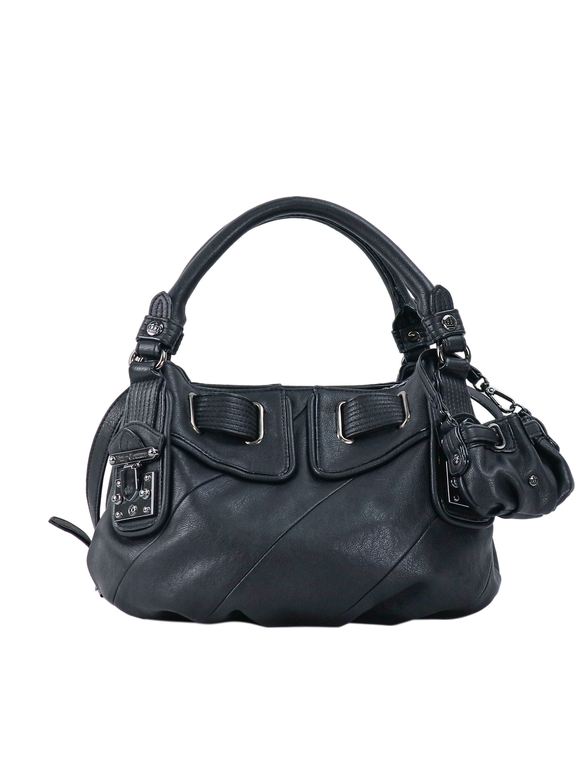 Black slouchy Twist & Shout Crossbody Bag with two handles, decorative metal hardware, and a small detachable pouch, perfect for everyday styling.