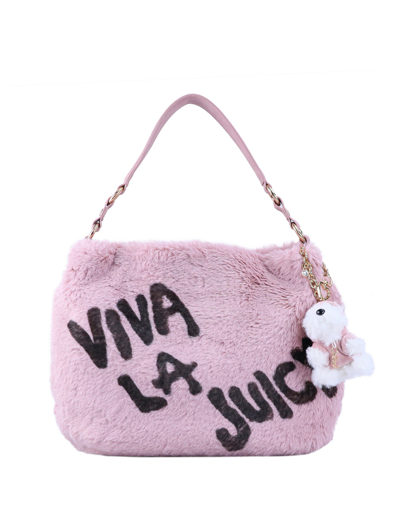 Pink fuzzy Viva La Juicy Hobo Bag with dark text and a dangling white plush animal charm on a gold chain, featuring an effortless everyday hobo silhouette.
