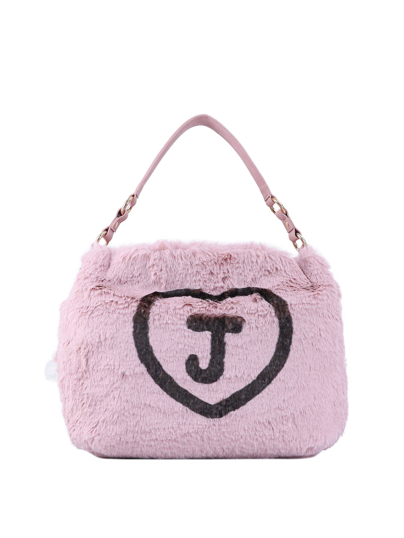 Viva La Juicy Hobo Bag in pink faux fur with an everyday silhouette, featuring a dark heart emblem with a letter J in the center and a matching pink shoulder strap.