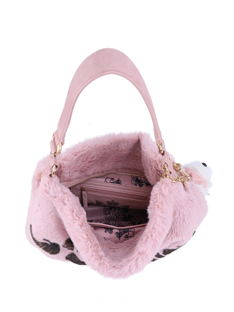 Viva La Juicy Hobo Bag in light pink faux fur with an everyday silhouette, a single shoulder strap, gold hardware, and a printed fabric interior.
