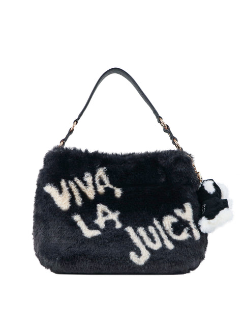Viva La Juicy Hobo Bag in black faux fur with white graphic lettering and a black and white pom-pom charm, featuring a classic everyday silhouette.