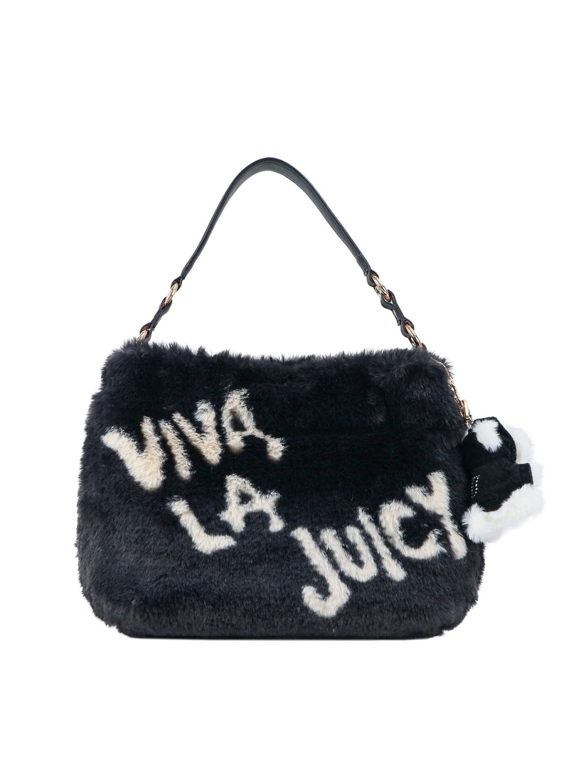 Viva La Juicy Hobo Bag in black faux fur with white graphic lettering and a black and white pom-pom charm, featuring a classic everyday silhouette.