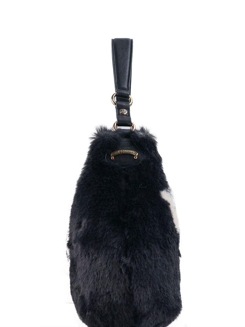 Viva La Juicy Hobo Bag in black faux fur, featuring a single shoulder strap and gold hardware in an everyday silhouette.