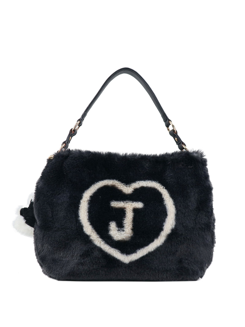 Viva La Juicy Hobo Bag in black faux fur with an everyday silhouette, featuring a white heart outline with a J inside and a single black shoulder strap.
