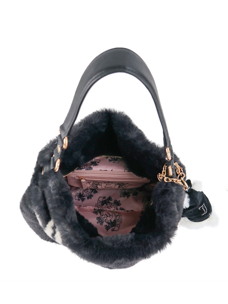 Viva La Juicy Hobo Bag in black faux fur with a single shoulder strap, gold hardware, and a logo-printed pink interior lining.