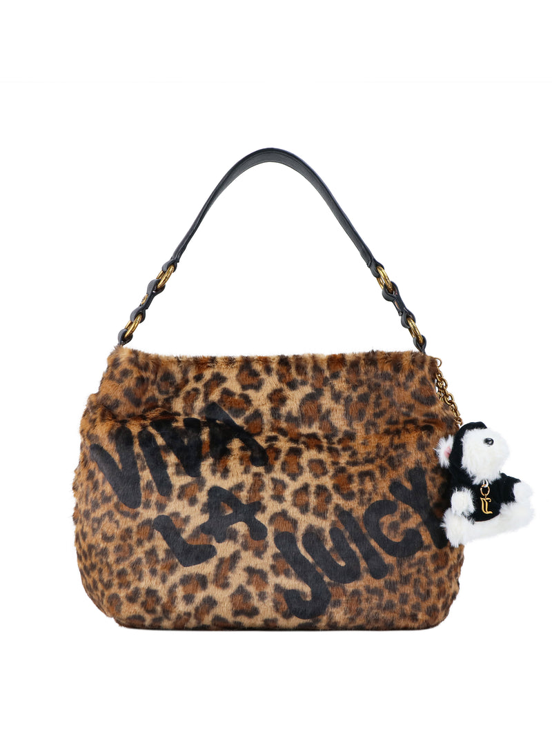Viva La Juicy Hobo Bag in leopard print, featuring an everyday silhouette, a black leather handle, and a small panda-shaped charm hanging from the side.