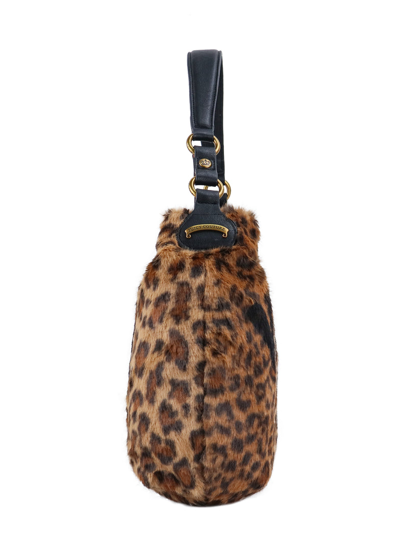 Viva La Juicy Hobo Bag in leopard-print faux fur with a black handle and gold-tone hardware in a classic everyday silhouette.
