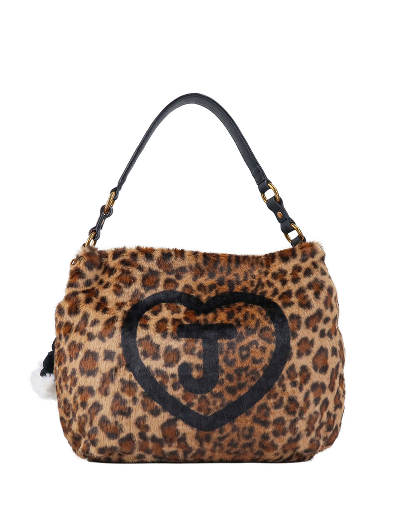Viva La Juicy Hobo Bag in a leopard print with an everyday silhouette, featuring a black heart-shaped logo with a letter J in the center and a single black shoulder strap.