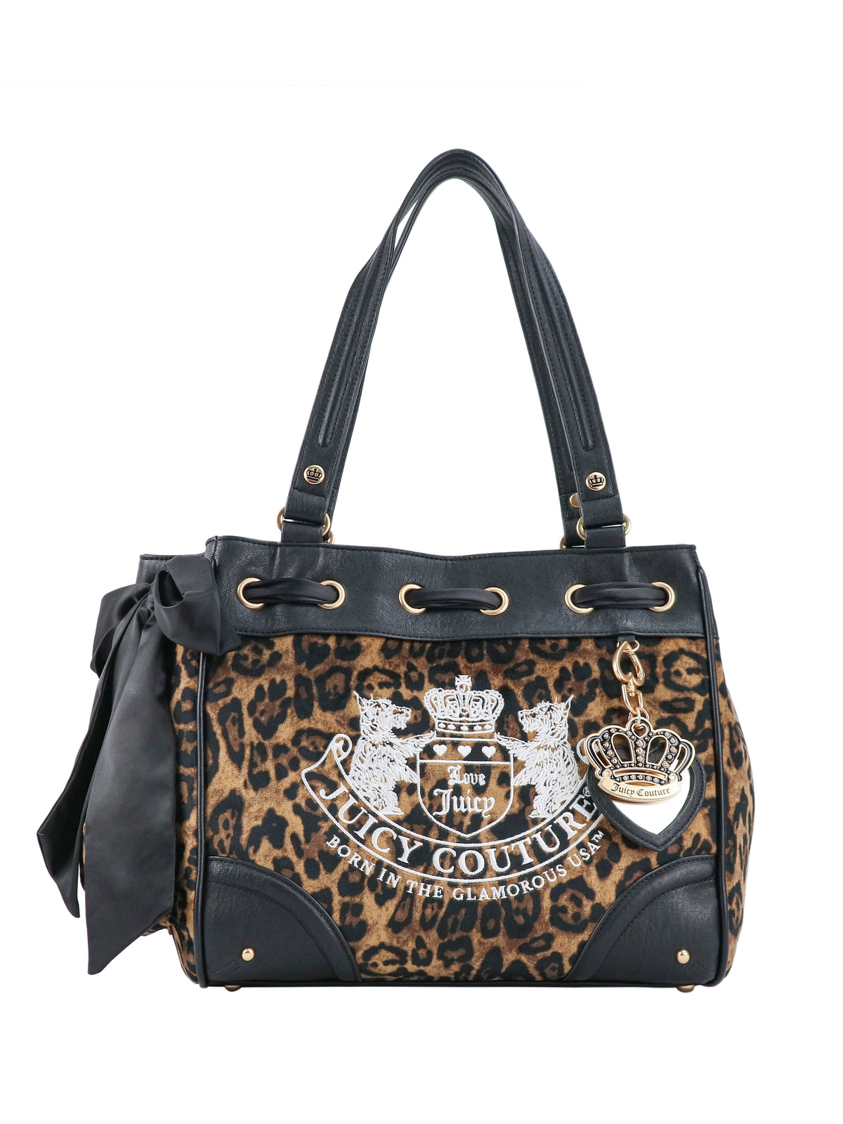 Scottie Heritage Daydreamer Tote Bag in leopard-print with black trim, a side bow, a signature Juicy charm, and a large screen-printed crest on the front.