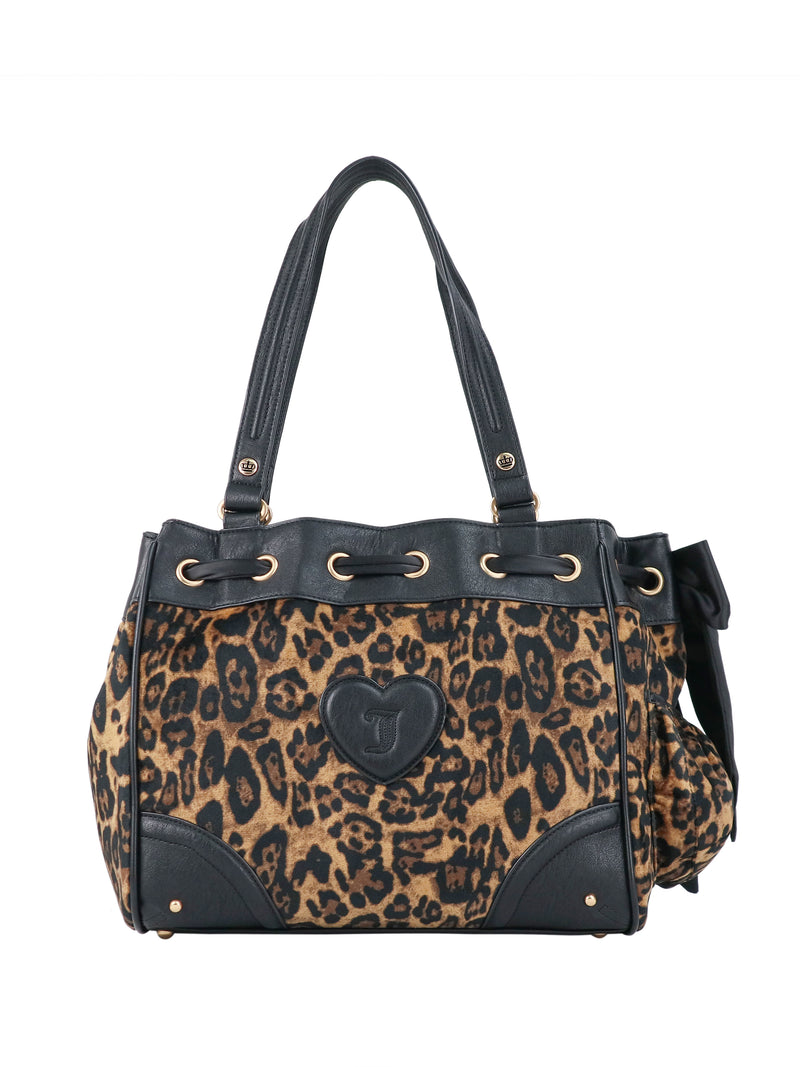 Scottie Heritage Daydreamer tote bag in leopard print with black trim, a heart-shaped Scottie motif on the front, and a drawstring top.