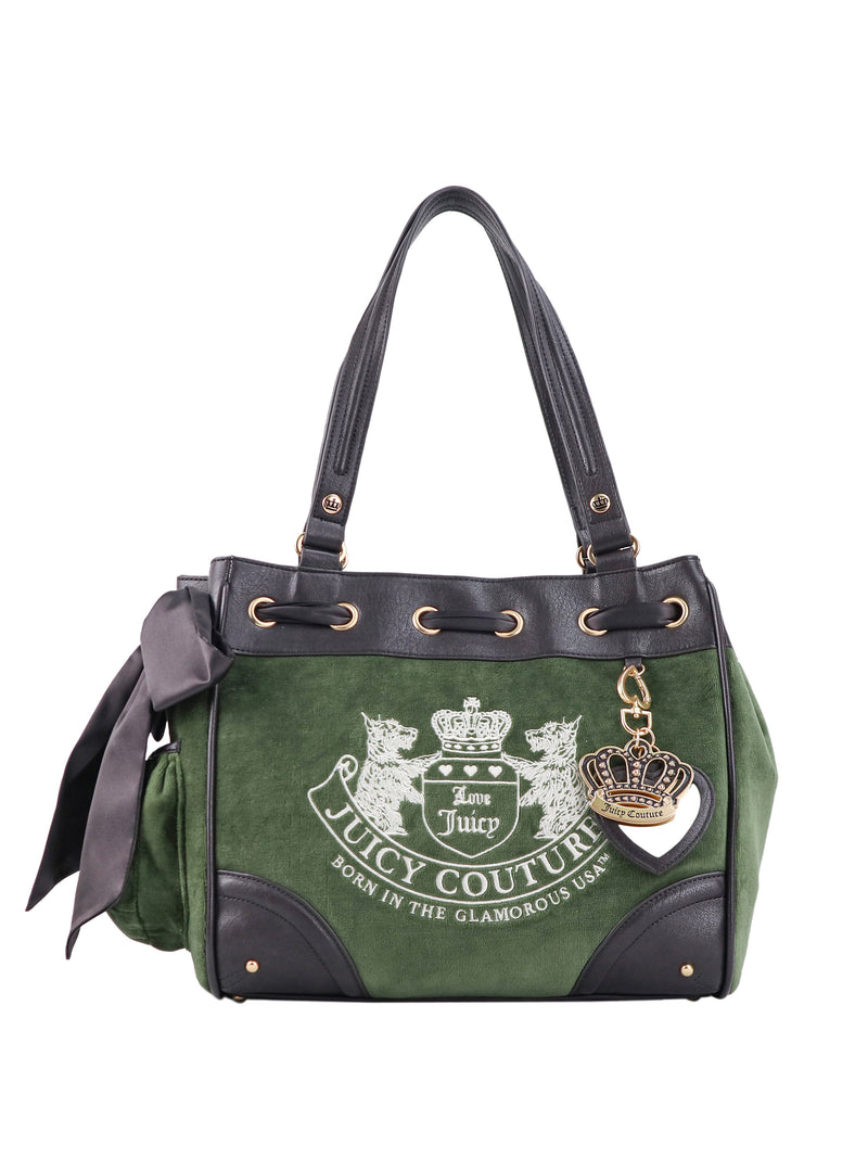 Scottie Heritage Daydreamer Tote Bag in green, featuring a polished finish, a Scottie motif, black trim, a side bow, and a gold-tone crown charm.