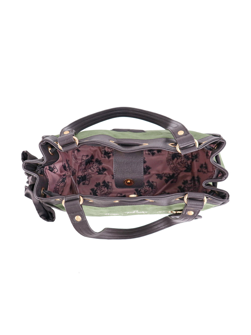 Top-down view of an open green polished Scottie Heritage Daydreamer Tote Bag with dark handles and a printed Scottie motif lining.