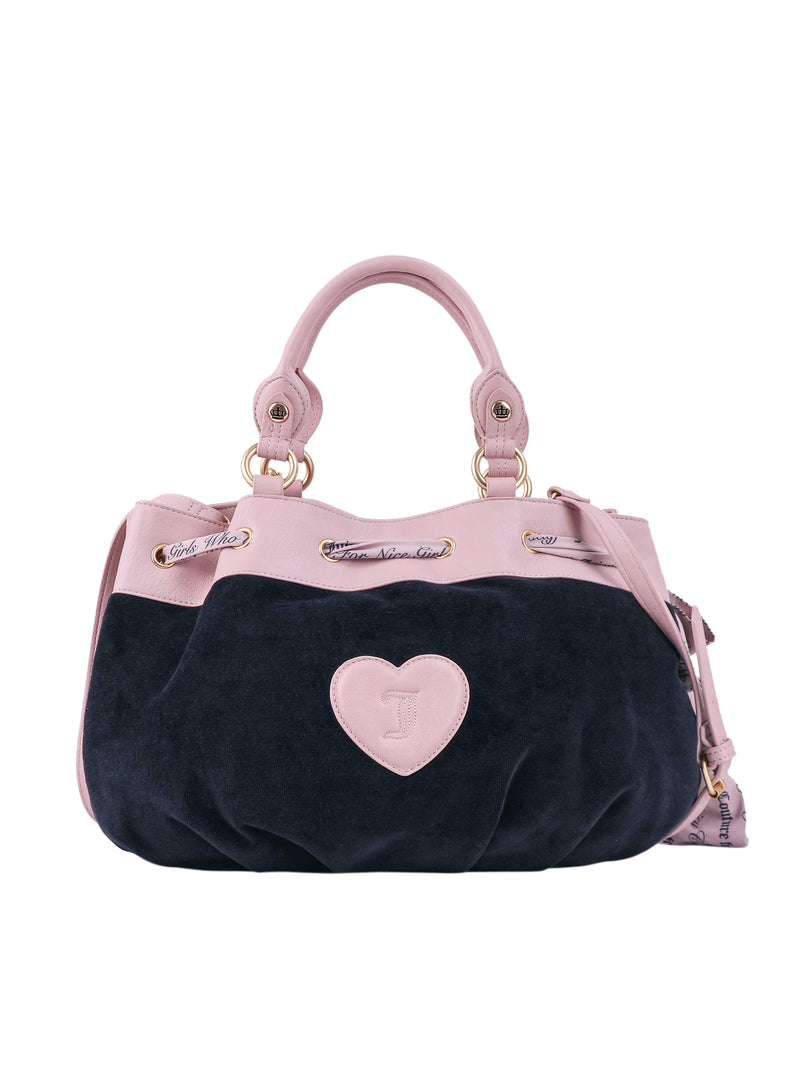 Crowns & Kisses Satchel Bag in two-tone dark blue and light pink, featuring a heart-shaped front patch with the letter J.
