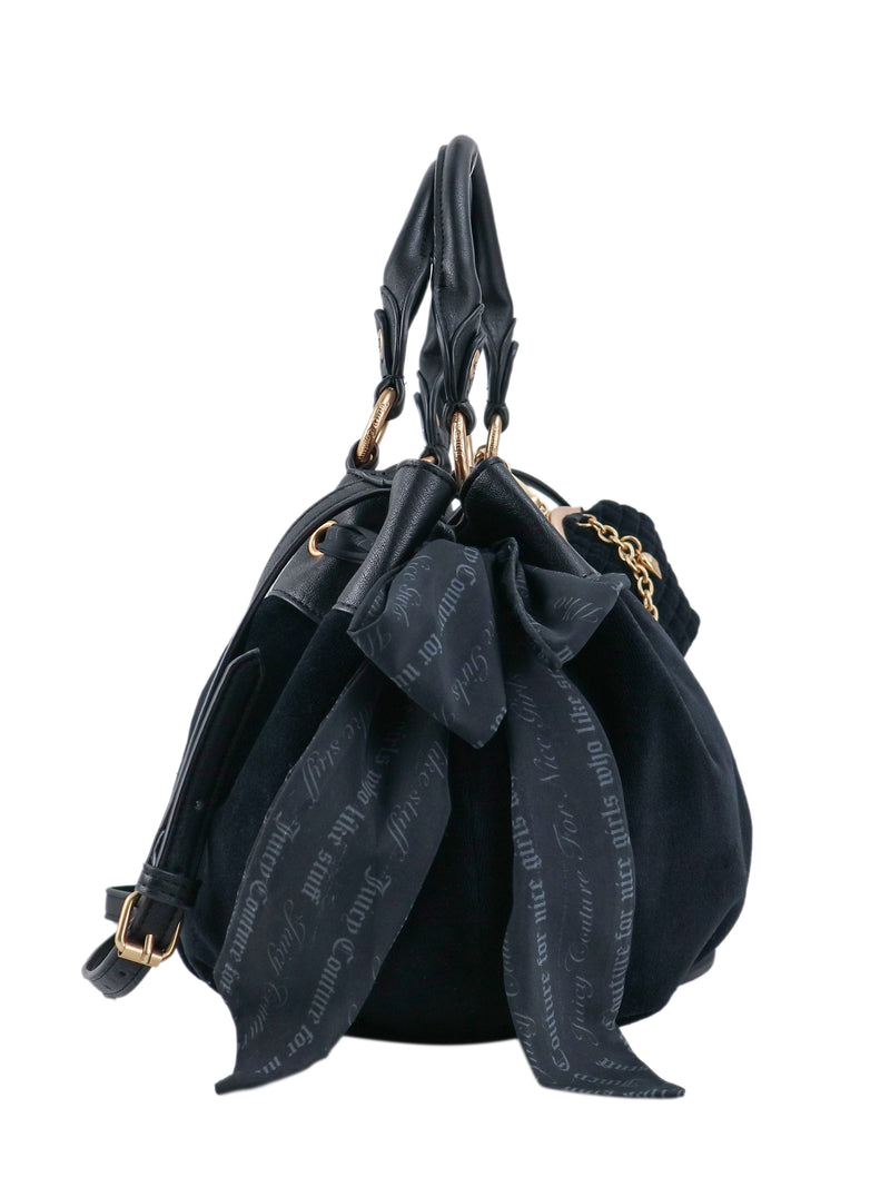 Black Crowns & Kisses Satchel Bag with dual top handles, a detachable shoulder strap, and a tied ribbon scarf featuring repeating Y2K-inspired text.