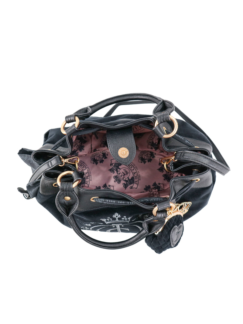 Black Y2K Crowns & Kisses Satchel Bag with a magnetic snap closure and a glamorous light pink patterned interior lining.
