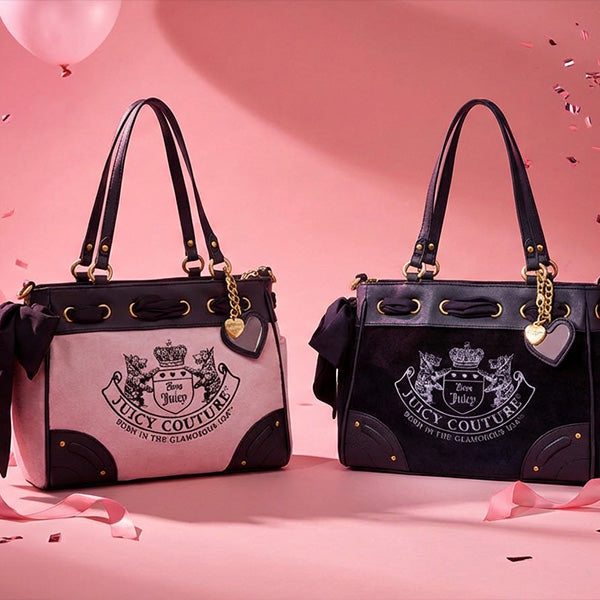 Two Juicy Couture handbags on a pink background with confetti.